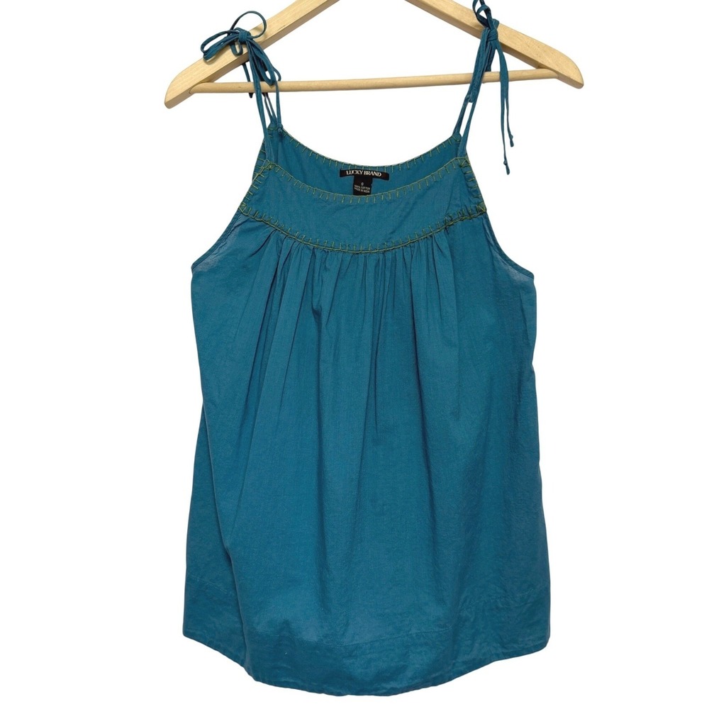 Lucky Brand Tank Top Womens S Teal Blue Cotton Tie Strap Embroidered Boho Cami